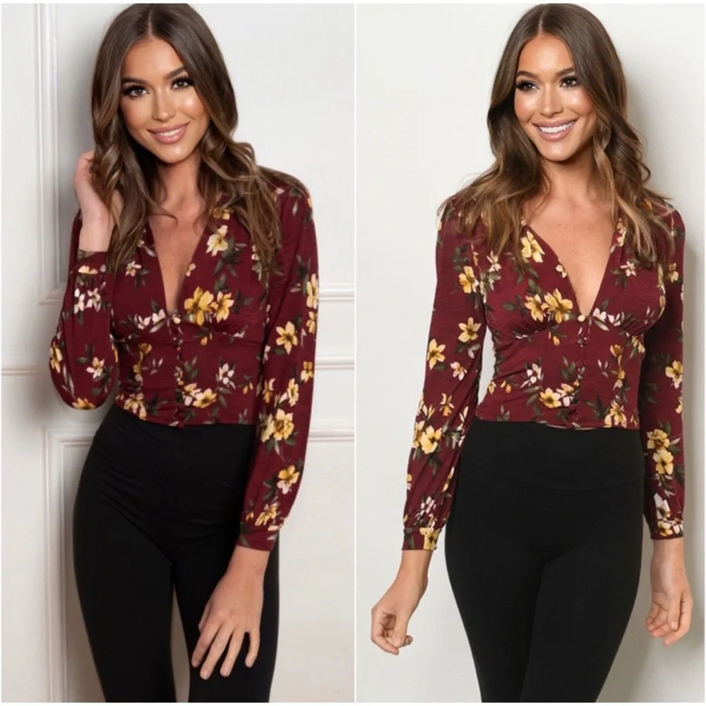 Women's Sexy Vneck Long Sleeve Fall Floral Pretty Cropped Blouse Top - Picture 2 of 3